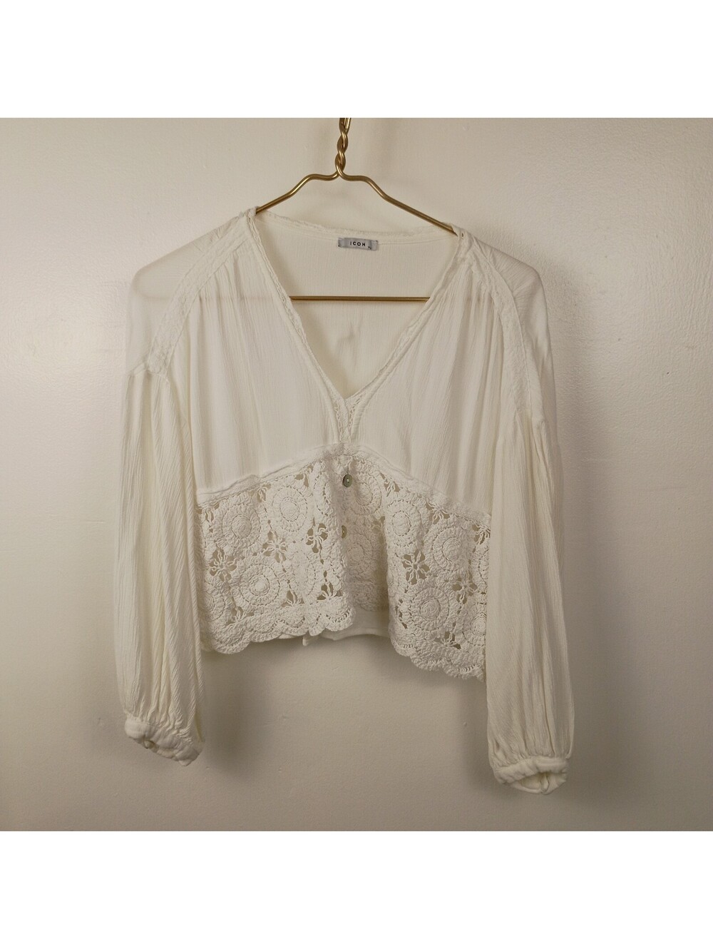 Boho Crochet Crop Top Long Sleeve Indie White Lace Icon